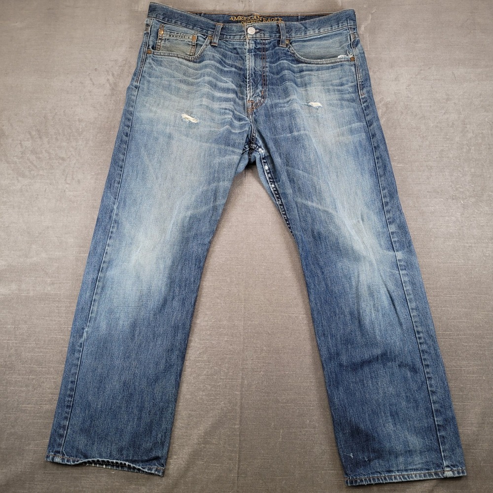 American Eagle Relaxed Straight Jeans Mens Actual Sz 35x29 Blue Distressed Pants